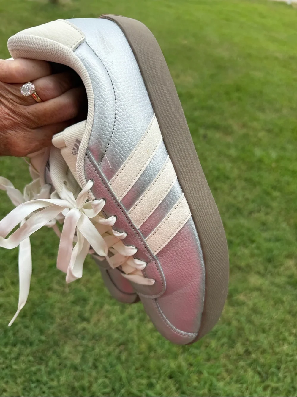 adidas Women’s Silver Leather Sneakers with Cream Stripes